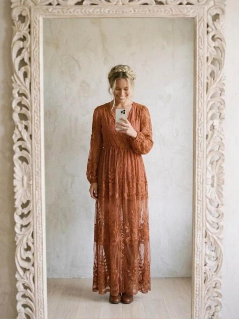 Dress Day Boho Rust Lace Embroidered Maxi Dress Sheer Balloon Sleeve S